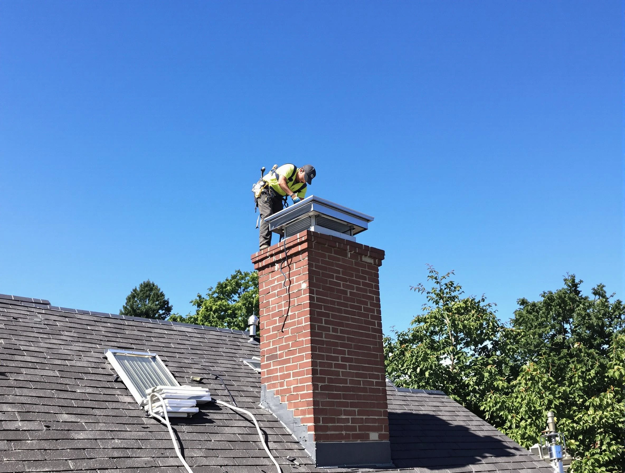Worcester Chimney Sweep technician measuring a chimney cap in Worcester, MA